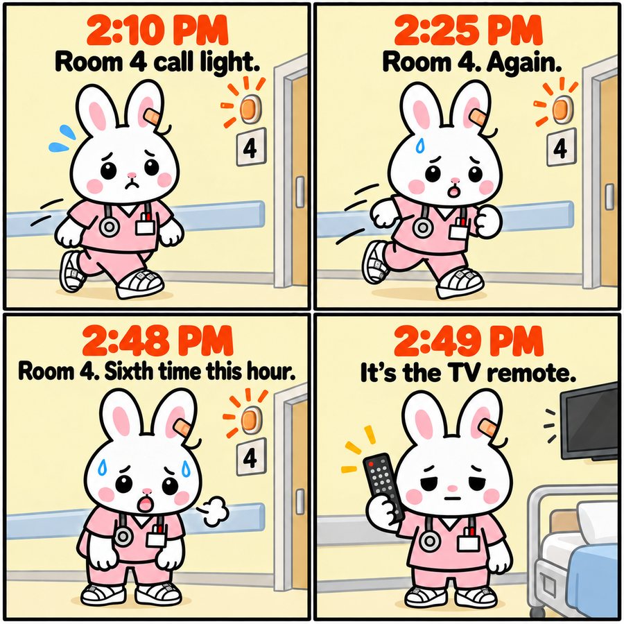 Four-panel comic. 2:10 PM, Room 4 call light. 2:25 PM, Room 4 again. 2:48 PM, Room 4, sixth time this hour. 2:49 PM, it's the TV remote.