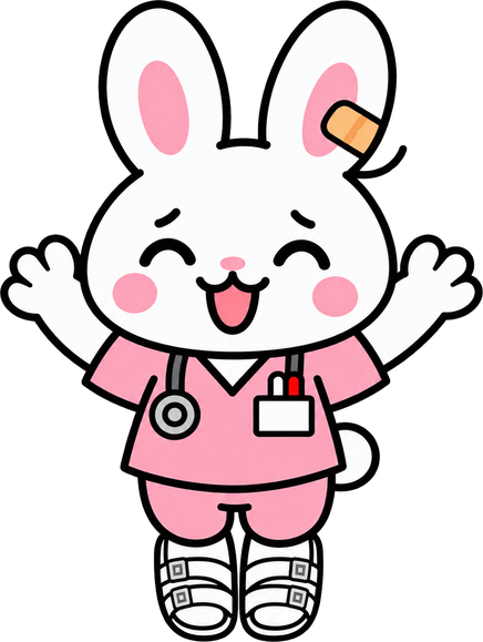 Nurse Rabbit mid-jump, arms wide, ears straight up