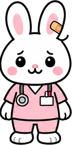 Nurse Rabbit, a white rabbit in pink scrubs with a stethoscope and a bandage on one ear